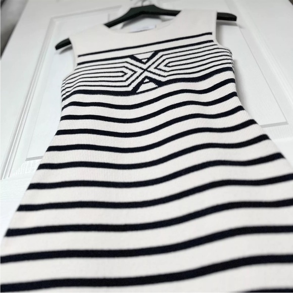 Rare La Ligne Emmanuelle Black Cream Striped SMALL Midi Day Dress Geometric $295 - Picture 13 of 15